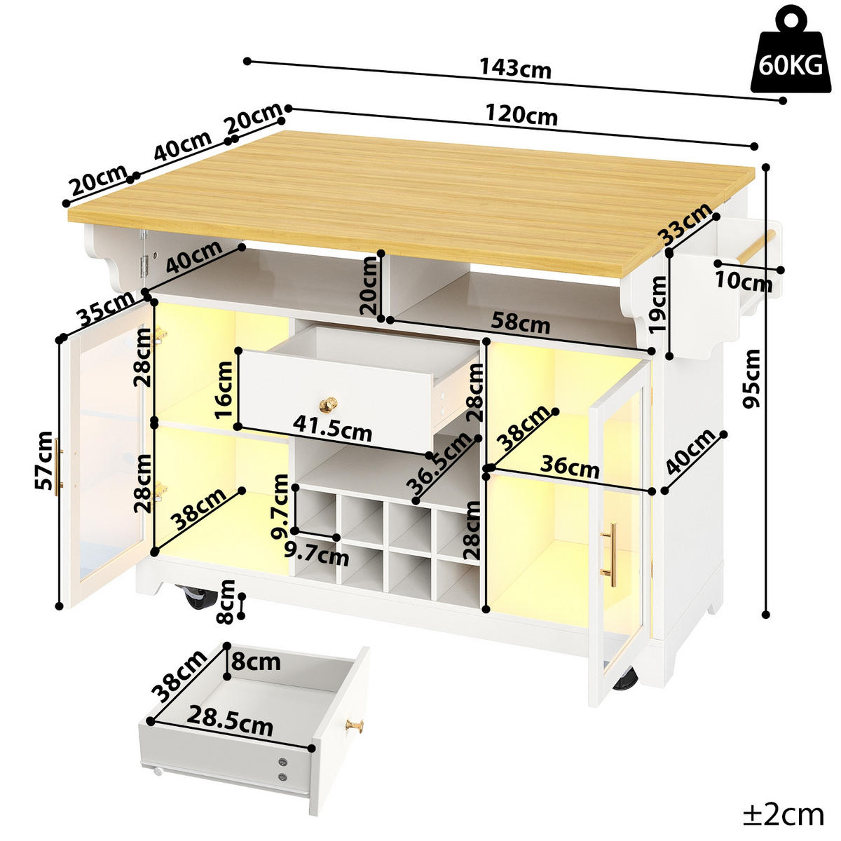 KÜCHENINSEL Mit RGB LED Beleuchtung, Auf Rollen Küche, 120/80/95 cm - Weiß, Holzwerkstoff (80/95/120cm) - Rolipo