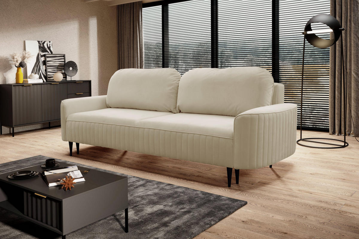 BETTSOFA FILO Beige Velours-Stoff mit Schlaffunktion - Beige, Holz (244/92/102cm) - MASSENO