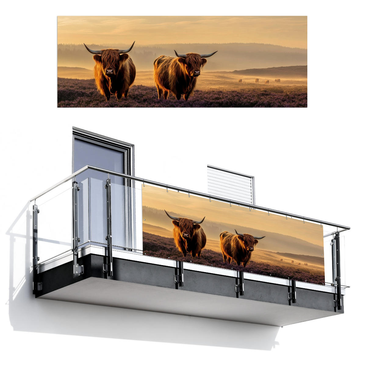 BALKON-SICHTSCHUTZ Schottische Hochlandbewohner - Heide - Landschaft - Tiere - Cognac, Kunststoff (300/110cm) - MuchoWow