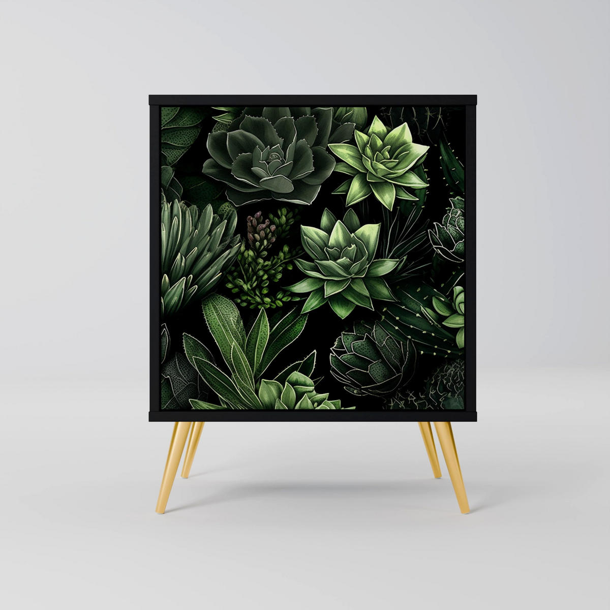 SIDEBOARD SUCCULENT JUNGLE, Schwarz, 57,5x42x67,5 cm, Schwarze Metall-Rahmenfüße - Multicolor/Schwarz, Holzwerkstoff/Metall (57.5/67.5/42cm) - SpaceRebels