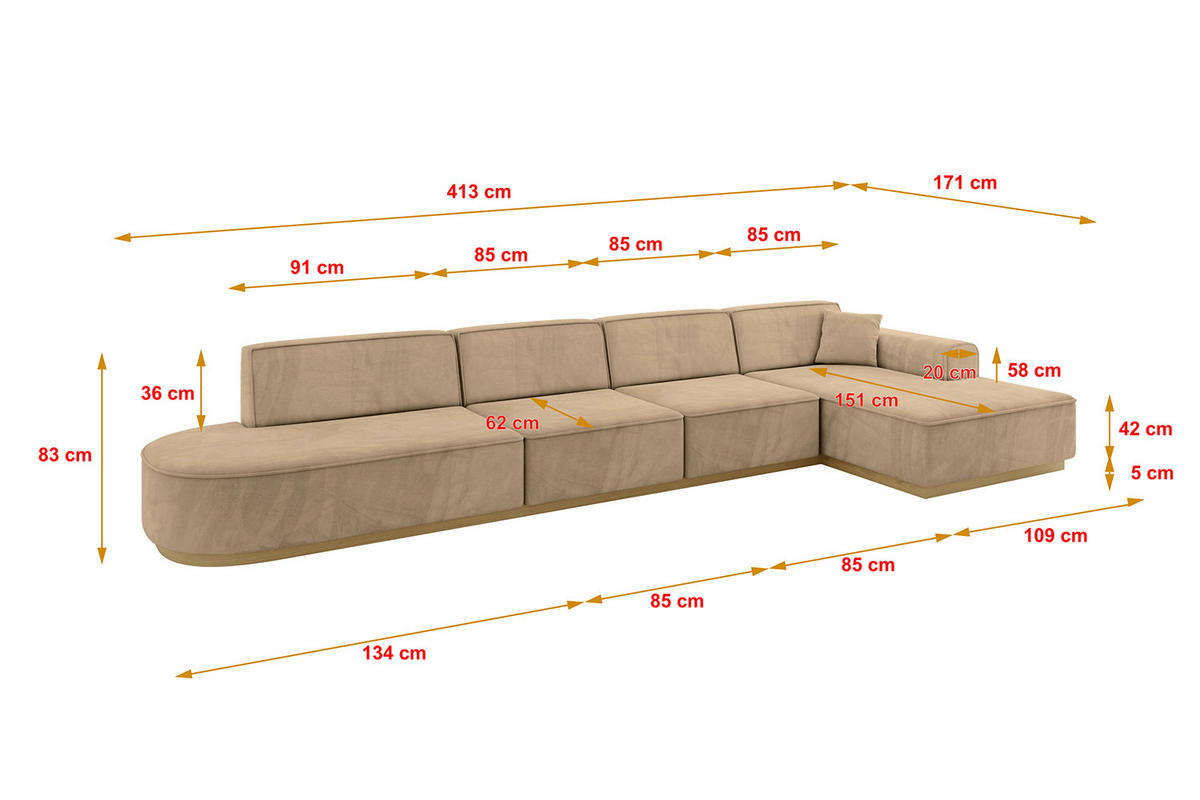 ECKSOFA Ottomane Rechts IREA-L3-v2 - 413x171x83 cm Beige - Beige, Holzwerkstoff/Textil (171/413cm) - ALTDECOR