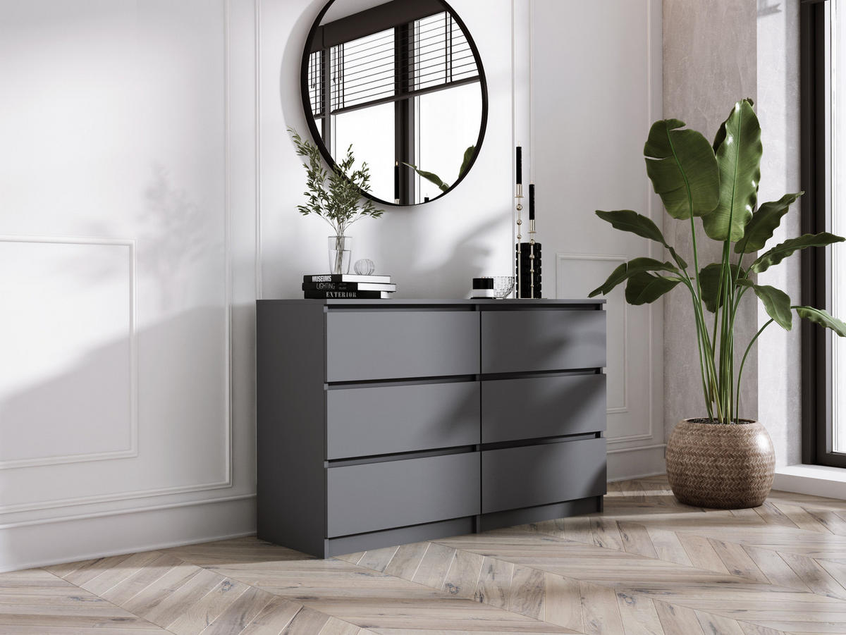 KOMMODE 6 Schubladen, Anthrazit, 120 cm x 39 cm x 78 cm - Anthrazit, Holzwerkstoff (120/78/39cm) - 3XE LIVING