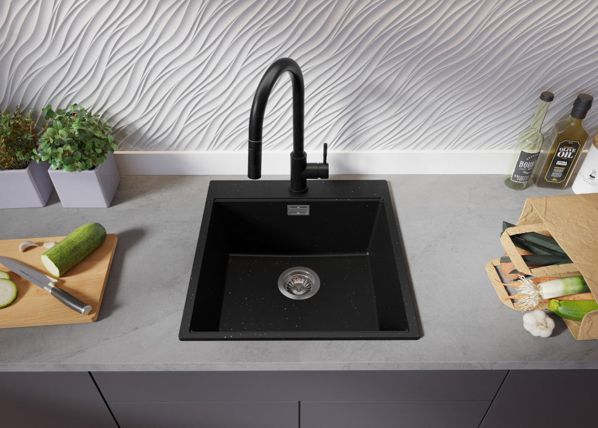 SPÜLBECKEN Oslo, 2-er set Schwarz Metallic 48/50 cm 1 Becken + Ablauf-Set + Schneidebrett ab 50er Unterschrank - Chromfarben/Schwarz Hochglanz, Kunststoff (48/20/50cm) - Primagran