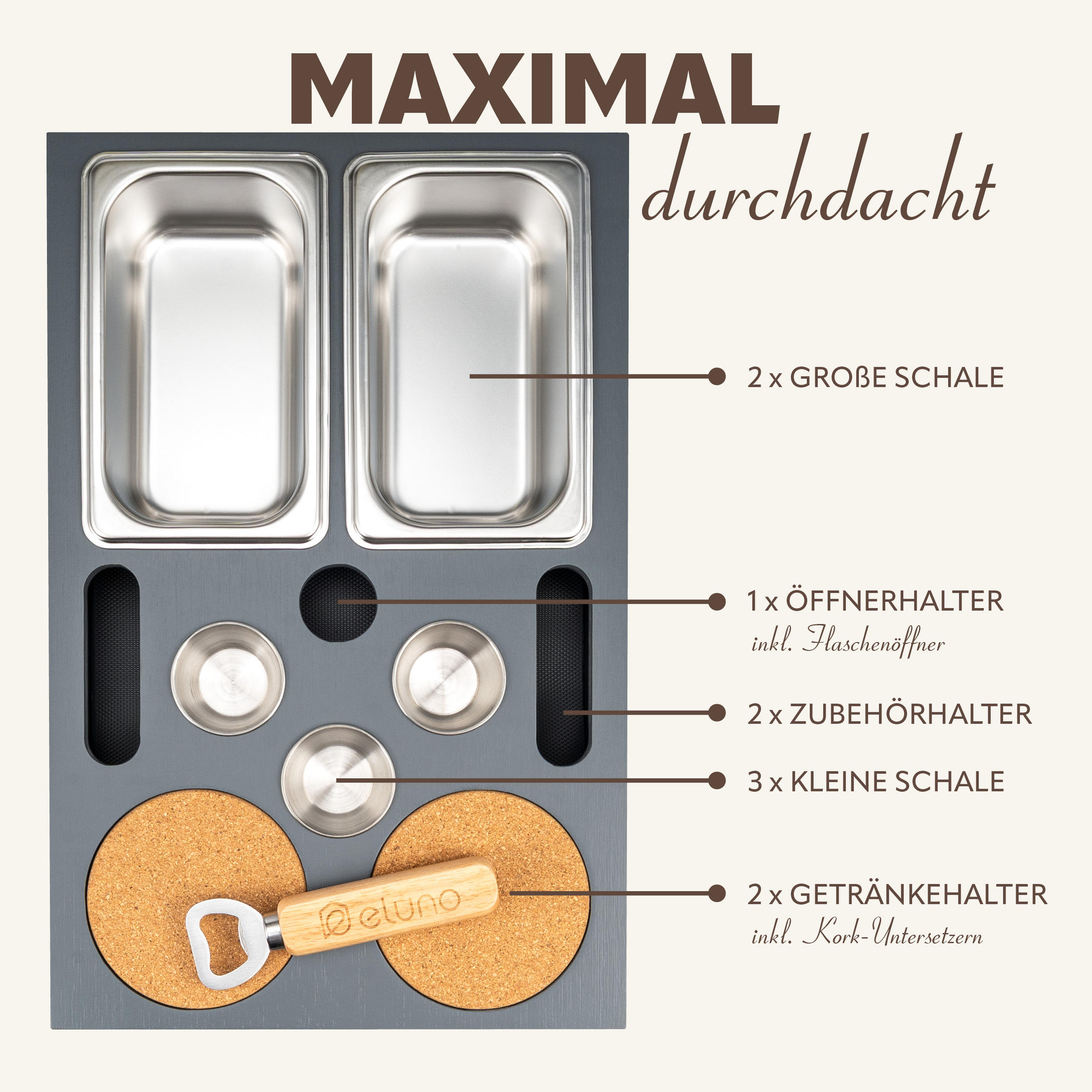 Thumbnail - eluno Couchbar, Dunkelgrau, Holz, 27.5x8x40 cm, Tischkultur & Servieren, Servierplatten