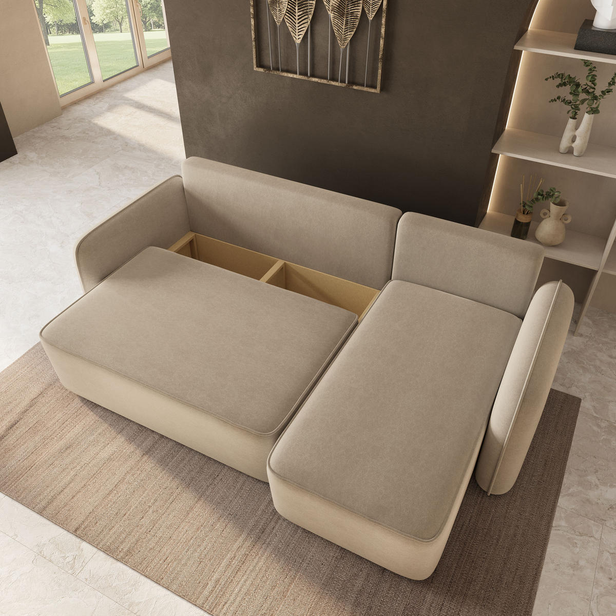ECKSOFA DOLVER CL Beige Samtstoff mit Schlaffunktion - Beige, Holzwerkstoff/Textil (238/156cm) - MASSENO