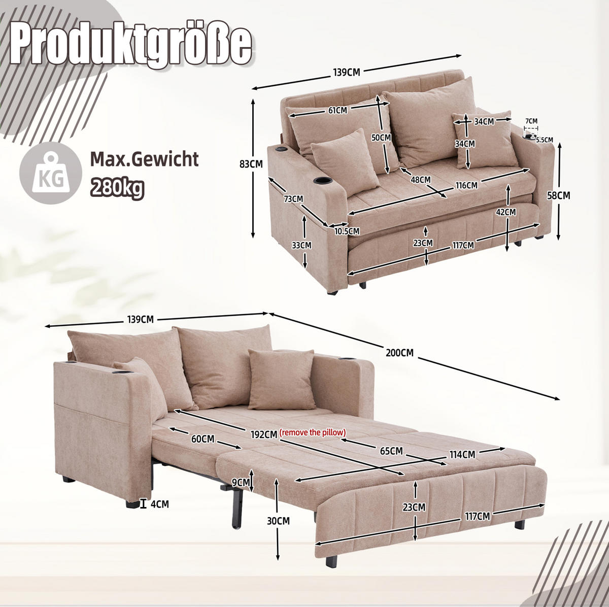 SCHLAFSOFA 139/83/58 cm mit Schlaffunktion, USB-Anschluss, Getränkehaltern und Armlehnentaschen, Chenille, Khaki - Beige, Textil (139/83/73cm) - Redom