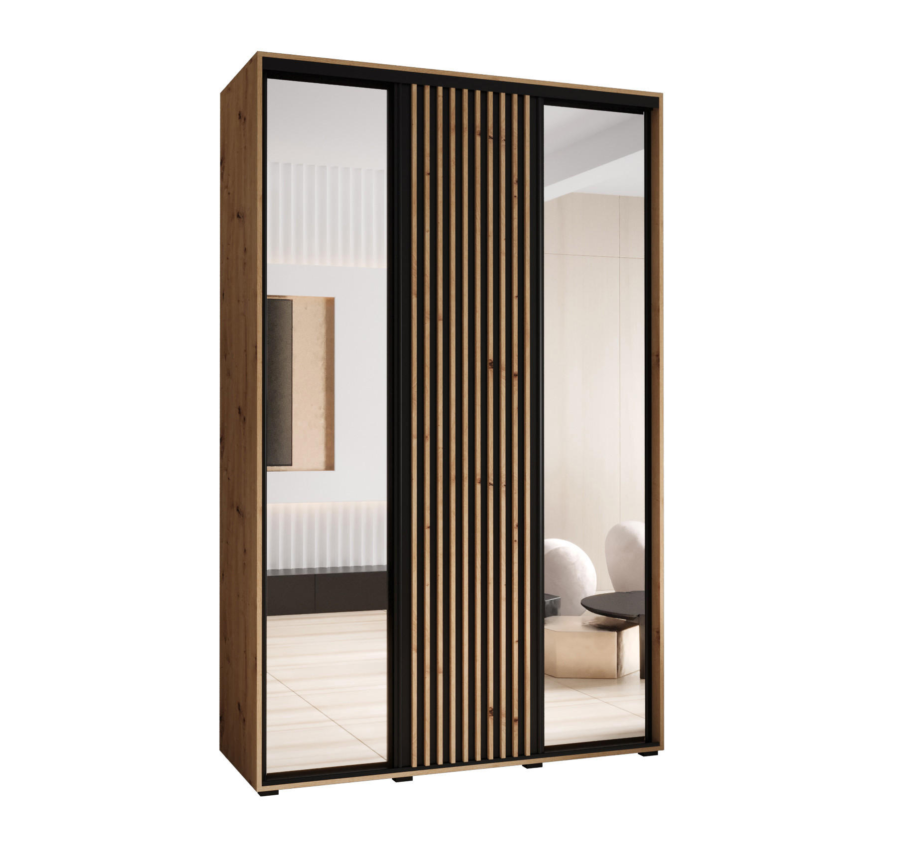 Abiks Möbel Schwebetürenschrank Eiche Artisan, Schwarz, Eiche Artisan 150x205.2x45 cm