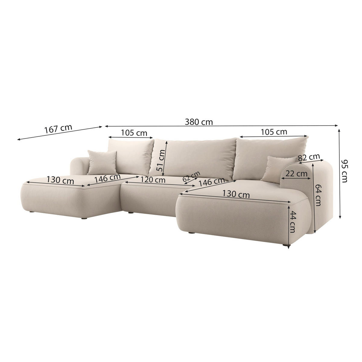 ECKSOFA Ovo Creme Bouclé - Creme/Schwarz, Kunststoff/Textil (380/95/167cm) - Selsey