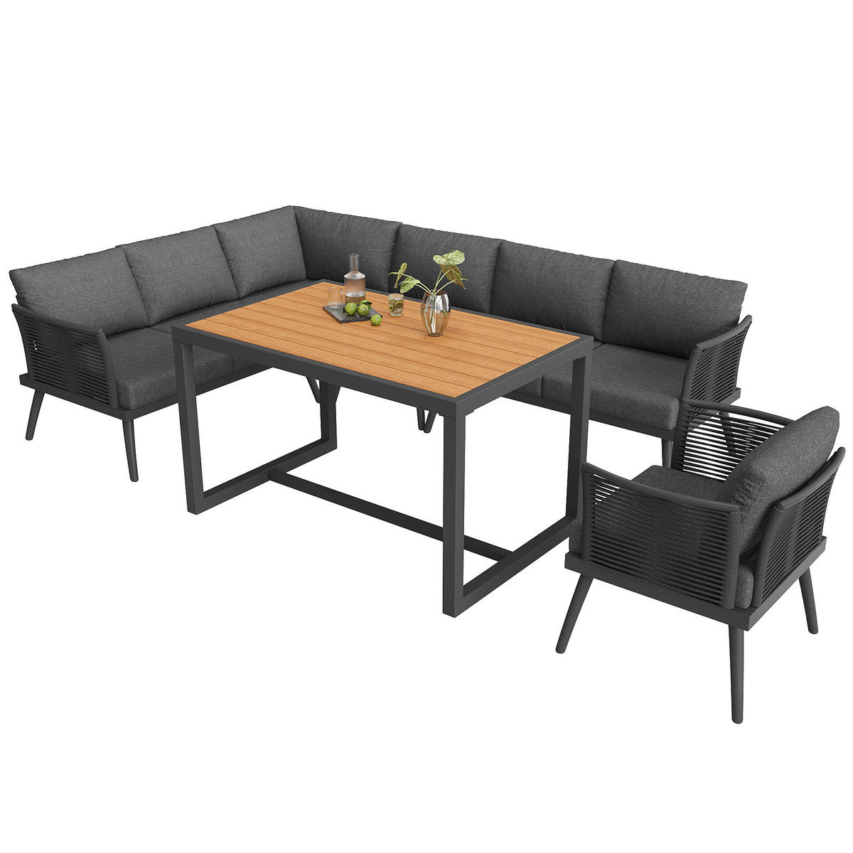 GARTENMÖBEL-SET Grau/Beige 7 Personen mit L-Form & geflochtenen Armlehnen - Grau, Metall - PANGIVO