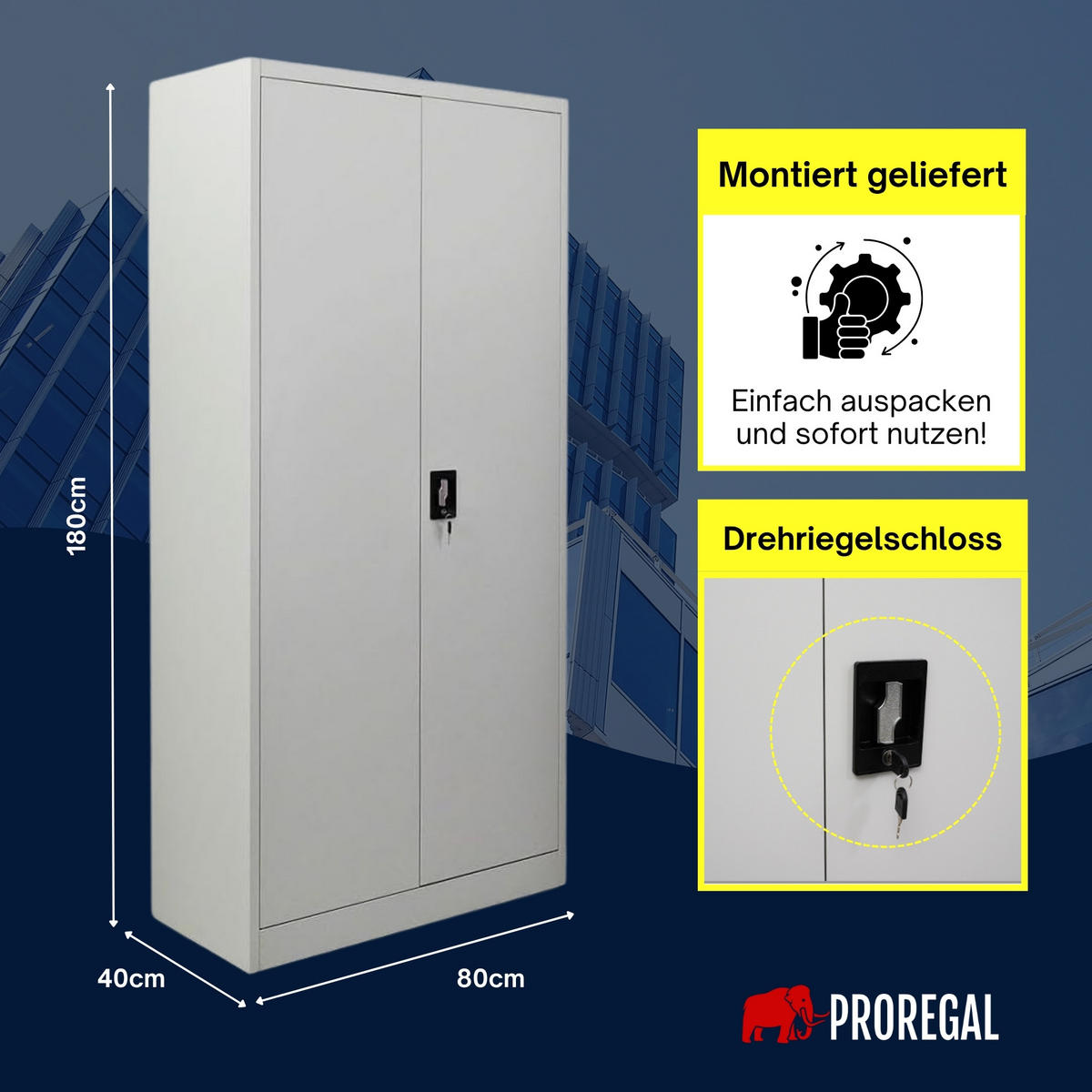 FLÜGELTÜRENSCHRANK Elephant komplett montiert 180x80x40cm 4 Ebenen Lichtgrau - Hellgrau, Metall (80/180/40cm) - PROREGAL