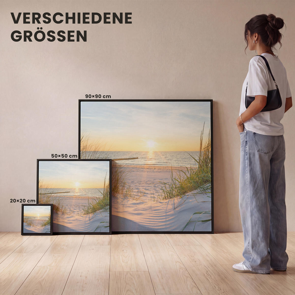 LEINWAND Bilder mit Rahmen - Strand - Sonne - Düne - Gras - Sand - Horizont - 50x50 - Hellblau, Textil (50/50cm) - MuchoWow