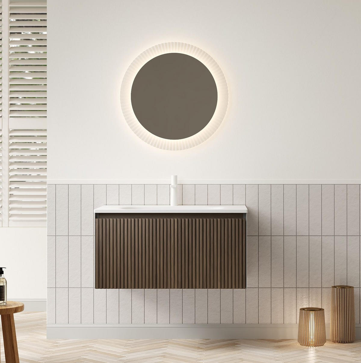 WAND-WASCHTISCH aus Resin 80x46x41,8 cm Brown Oak/Weiß mit Schublade, vormontiert, moderner Stauraum - Weiß, Kunststoff (80/41.8/46cm) - Modfu