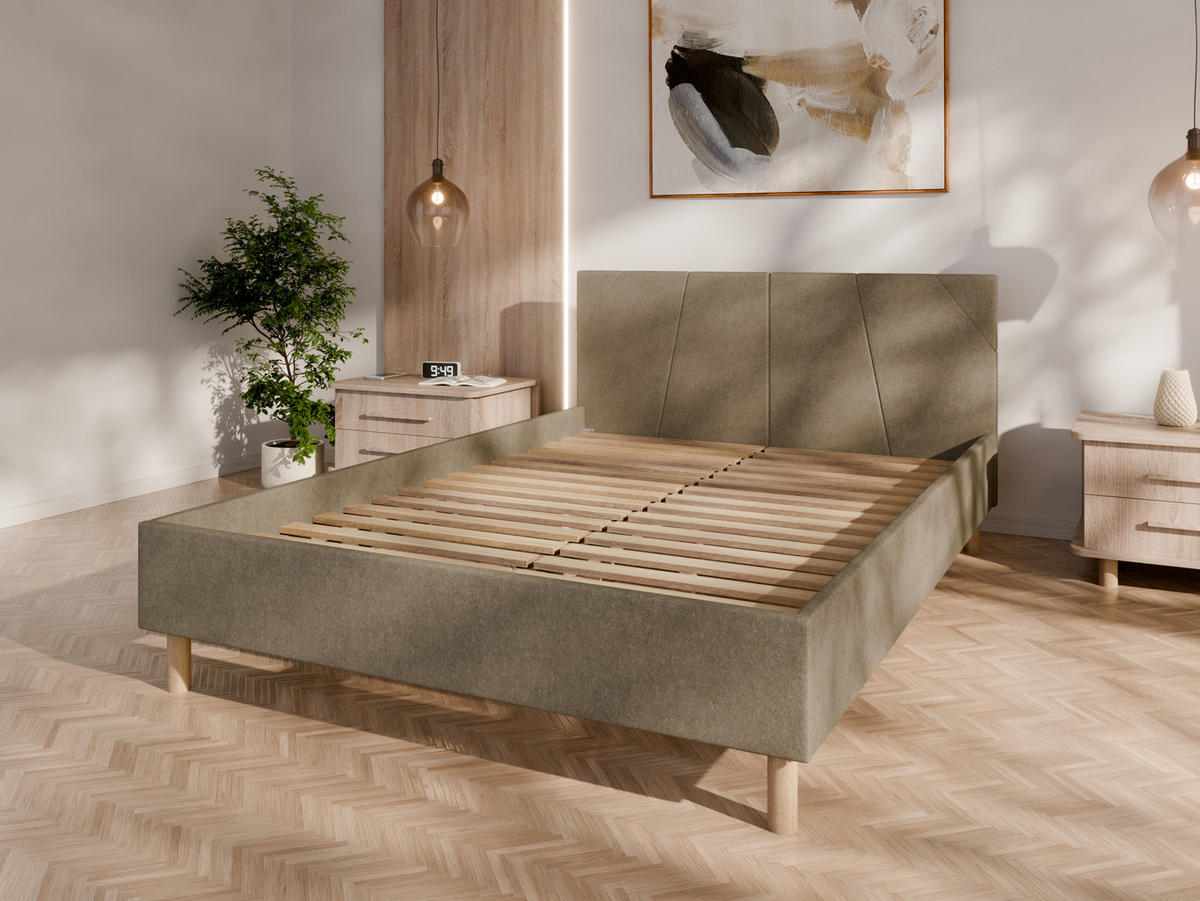 POLSTERBETT ALMORE 140x200cm Elegantes Polsterbett für modernen Wohnstil , Taschenfederkernmatratze mit kokos KORNOS (20cm), cappuccino - Cappuccino, Holz - Panda Möbel