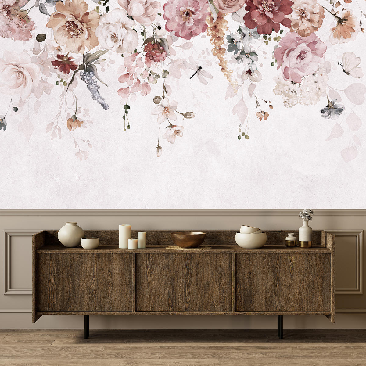 FOTOTAPETE für Schlafzimmer Aquarell Bunte Blumen Ranken Blätter 400x280 - Rot/Rosa, Papier (400/280cm) - Muralo