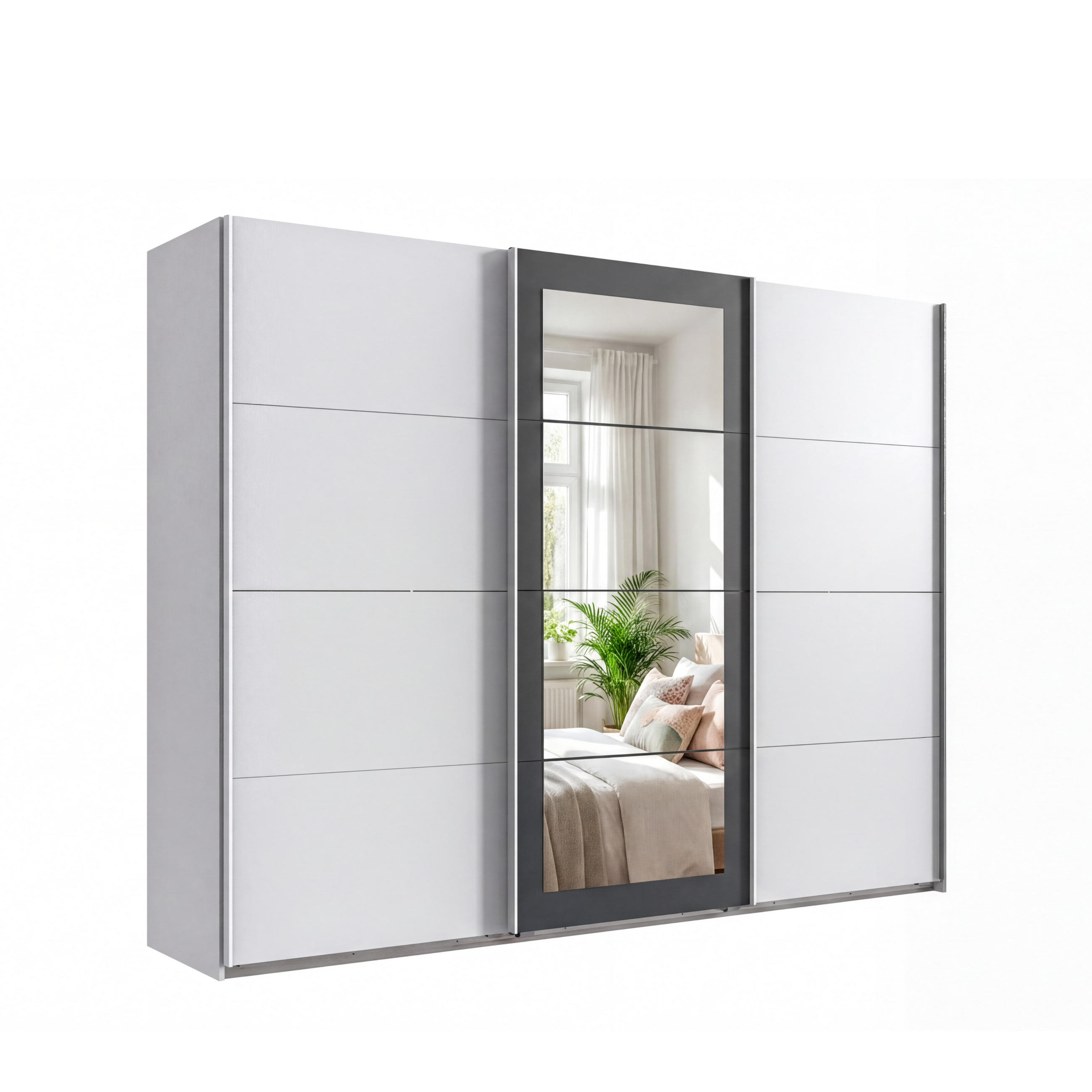 SCHWEBETÜRENSCHRANK 3-türig B270/H208/64 cm Kleiderschrank in Weiß, Spiegel umrahmt in Grafit, Griffe Weiß / 22629 - Graphitfarben/Weiß, Holzwerkstoff/Metall (270/208/64cm) - luma-home