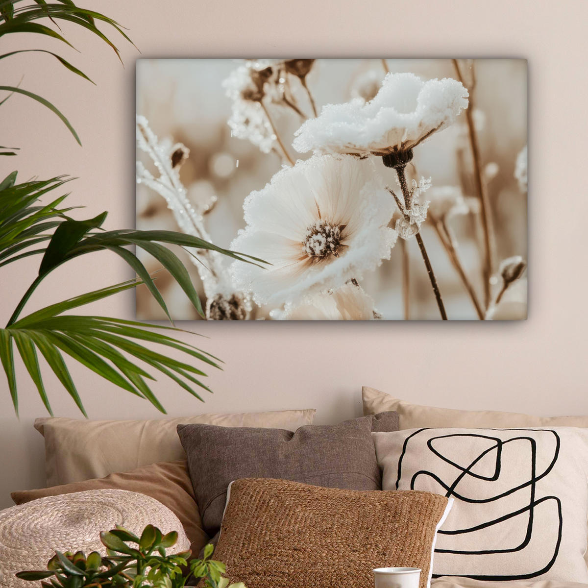 LEINWANDBILD Blumen - Winter - Weiß - Schnee - Beige Wanddeko 90x60 cm - Creme, Textil (90/60cm) - MuchoWow