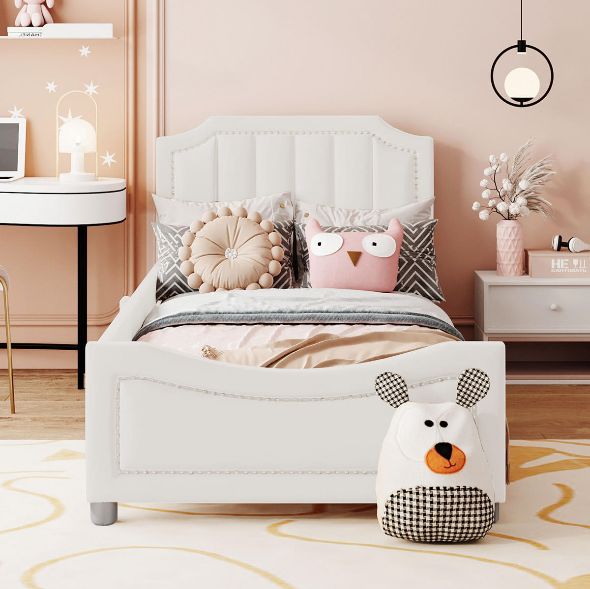 KINDERBETT 90/200 cm aus Massivholz mit Flanellbezug und Rückenlehne Beige - Beige, Holz (90/200cm) - Modenvie