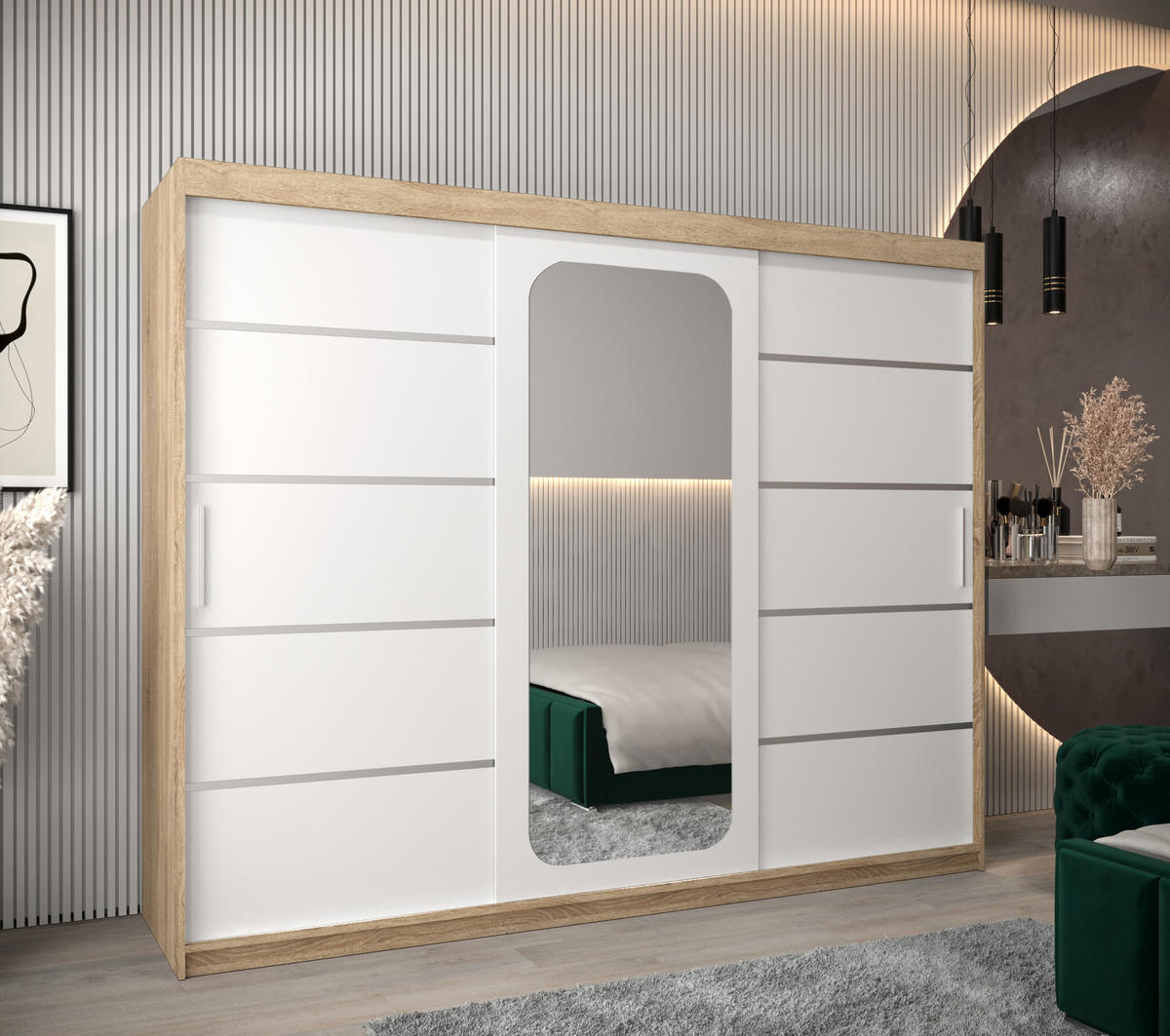 SCHWEBETÜRENSCHRANK 200/250/62 3-türig - Silberfarben/Weiß, Holz/Kunststoff (250/200/62cm) - Abiks Möbel