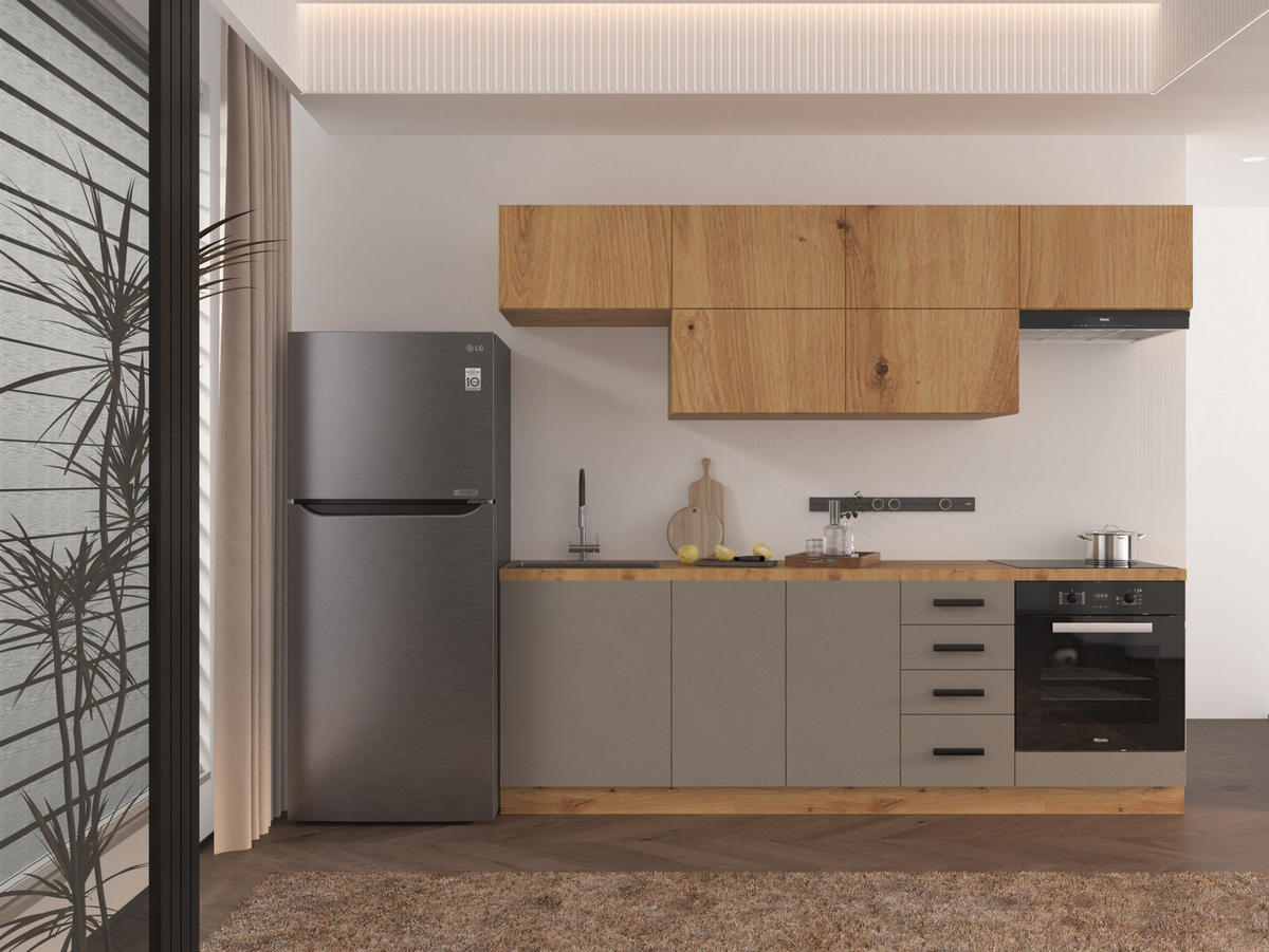 KÜCHENZEILE 240 - Langen KL2-M240 in Beige/Artisan Eiche - Beige/Schwarz, Holz/Metall (240/212/58cm)