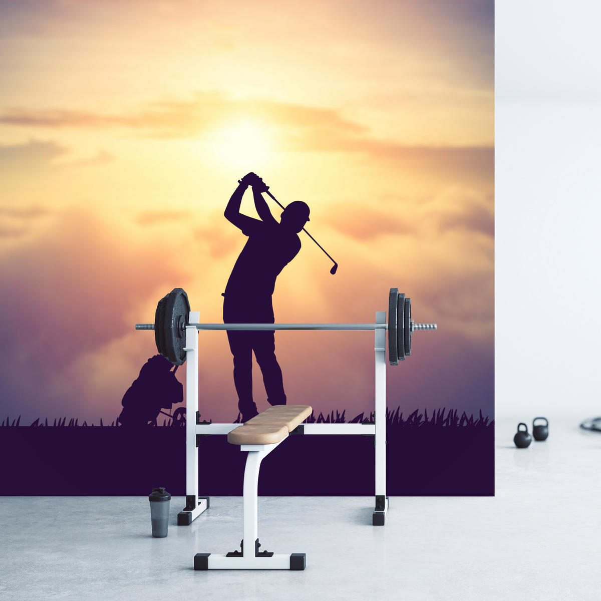 FOTOTAPETE für Jugendzimmer Golfer Sonnenuntergang Silhouette Sport 200x140 - Gelb/Violett, Papier (200/140cm) - Muralo