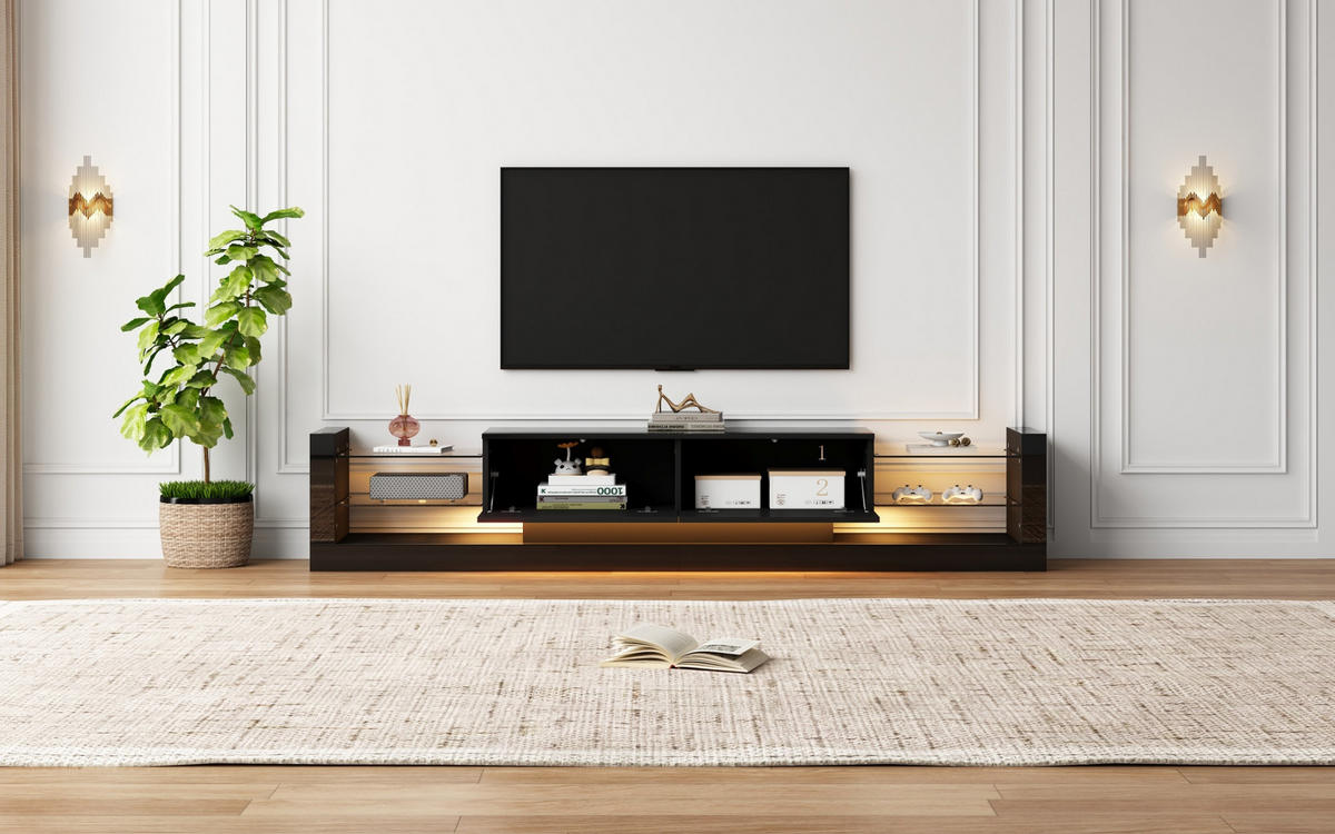 TV-SCHRANK aus Spanplatte 181x38x38 cm Schwarz mit LED-Beleuchtung, Glasfront und 2 Klappfächern - Schwarz, Holzwerkstoff (181/38/38cm) - Modfu