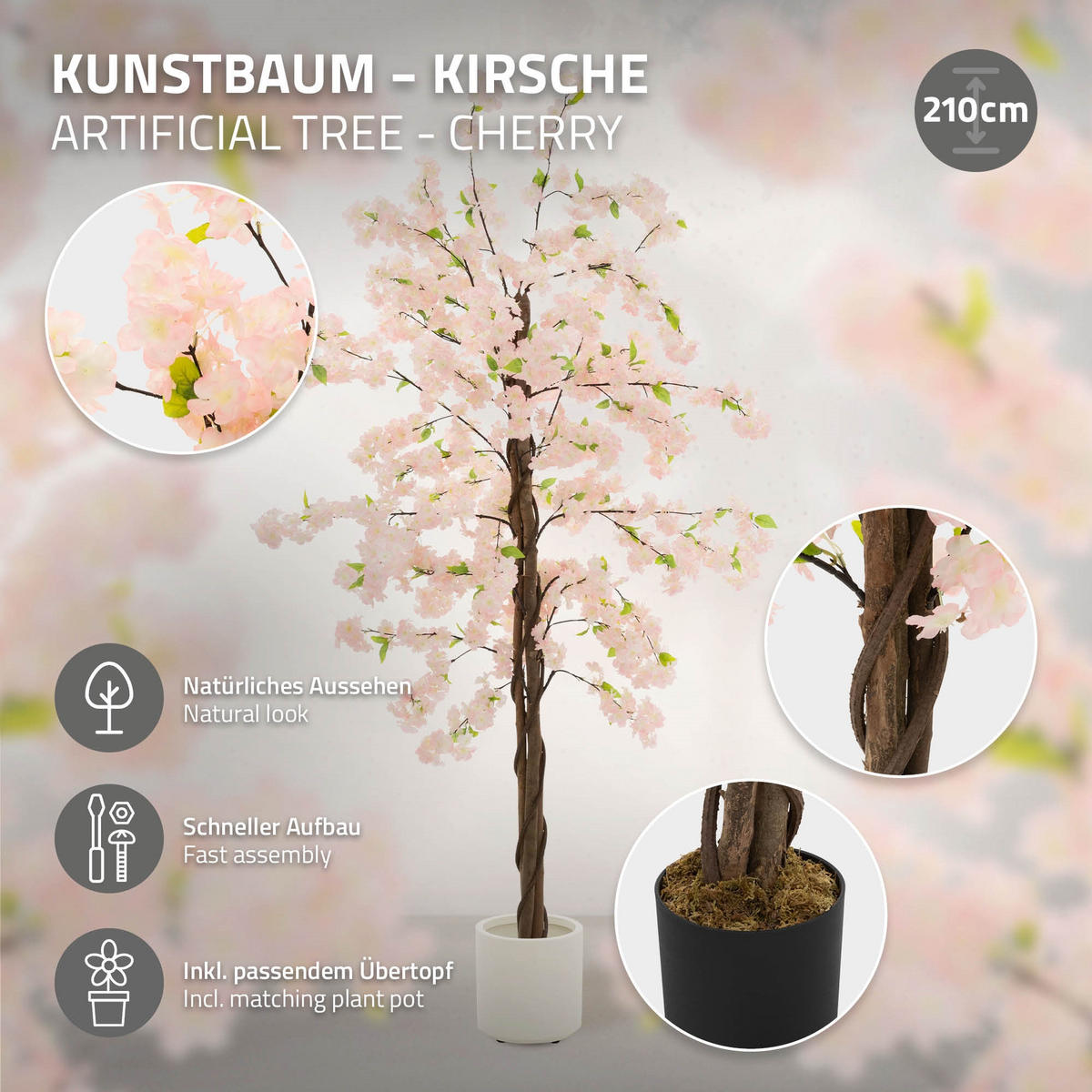 UMĚLÝ TŘEŠŇOVÝ KVĚT 210 cm Růžový s kmenem z přírodního dřeva - růžová/černá, textil/plast (210cm) - ML-DESIGN