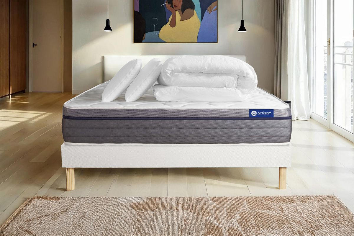 BETT Actimemo zen Memory-Schaum 140 x 200 cm h1 - Kit Bettgestell Weiß - Mit Kissen und Bettdecke - Beige/Weiß, Karton/Holz (140/200cm) - ACTISOM