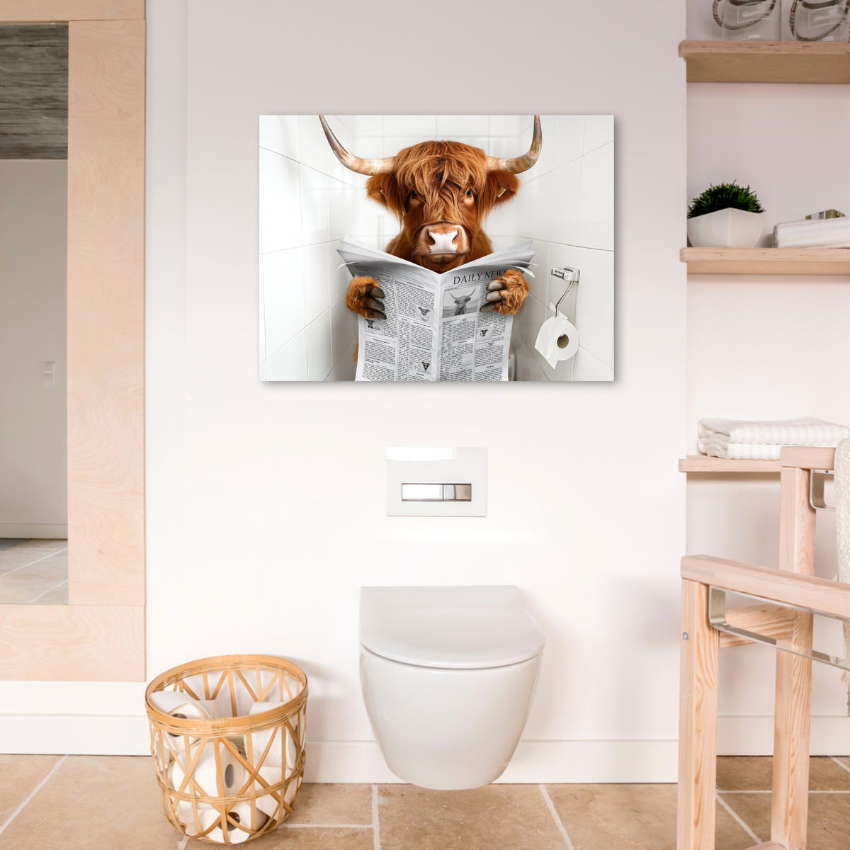 LEINWANDBILD Schottischer Highlander - Tier - Zeitung - Toilette 70x50 cm - Kastanienfarben, Textil (70/50cm) - MuchoWow