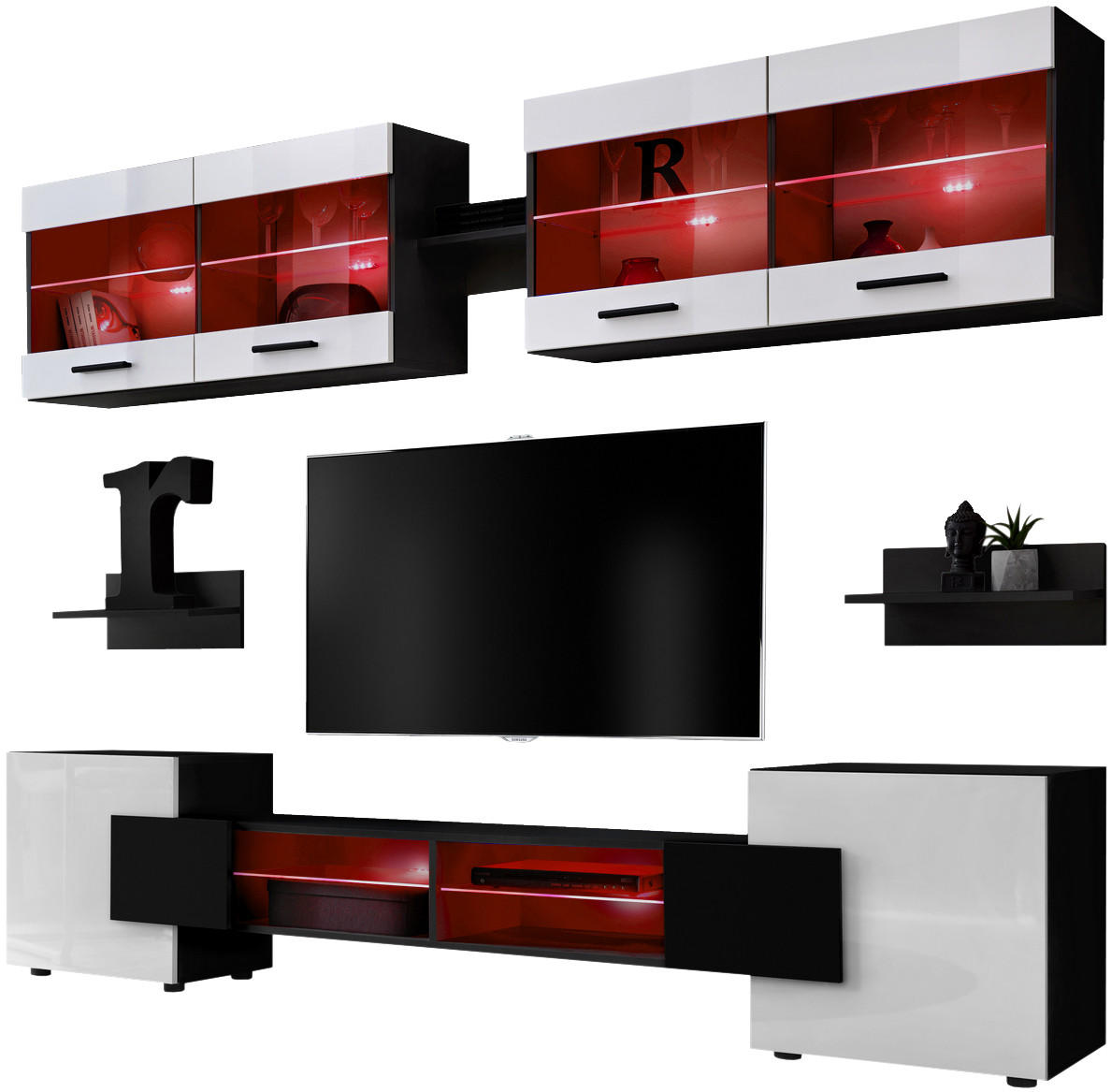 WOHNZIMMERSET Foggia, 6er-Set, Schwarz, Front Hochglanz Weiß, LED Mehrfarbige - Schwarz/Weiß, Glas/Holzwerkstoff (230/190/45cm) - Komodee
