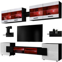 WOHNZIMMERSET Foggia, 6er-Set, Schwarz, Front Hochglanz Weiß, LED Mehrfarbige - Schwarz/Weiß, Glas/Holzwerkstoff (230/190/45cm) - Komodee