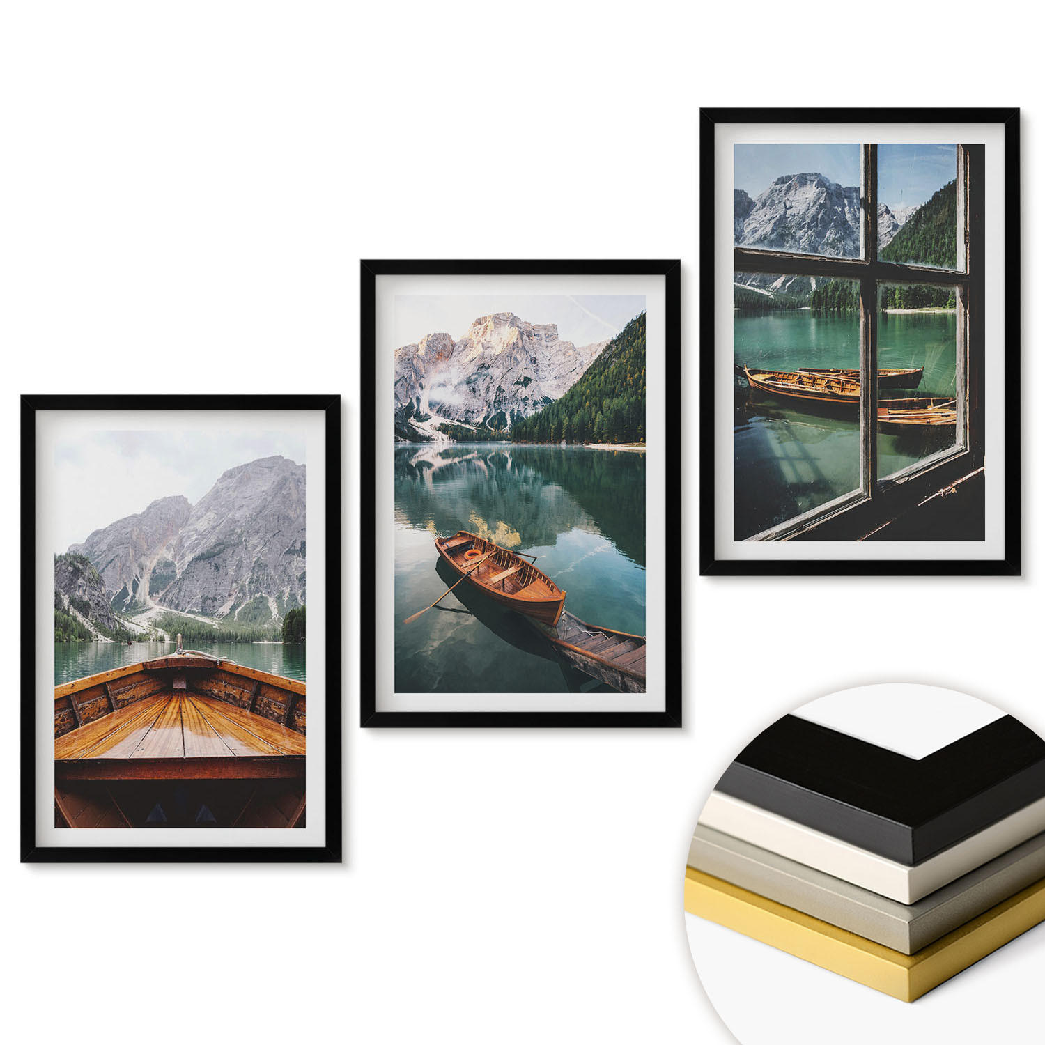 WANDBILDER 3er-Set - 40x60 cm Schwarzer Rahmen - Fenster für Boote auf dem Bergsee - Schwarz, Kunststoff (40/60cm) - ArtPrintCave
