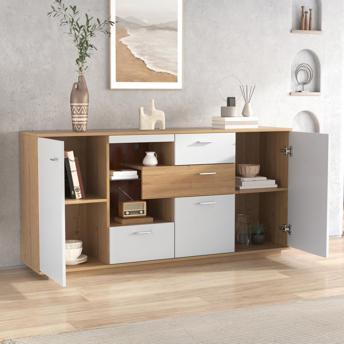 SIDEBOARD 160/40/77 cm, 2 Türen und 4 Schubladen, Holzoptik/Weiß mit einstellbarer 16-farbiger LED，Naturfarben - Naturfarben, Holzwerkstoff (160/77/40cm) - Redom