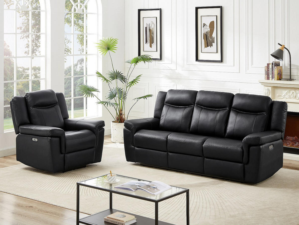 COUCHGARNITUR mit Sessel - 4 Personen - Leder - Schwarz KENNETH - Schwarz, Leder (97/98/93cm) - Vente-Unique