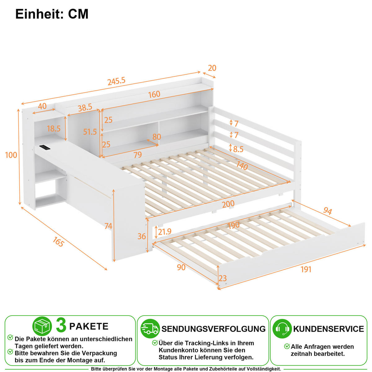 SCHLAFSOFA 140/200 cm in Weiß mit Ausziehbett, Regal und USB - Weiß, Holz/Holzwerkstoff (140/200cm) - CHICFURN