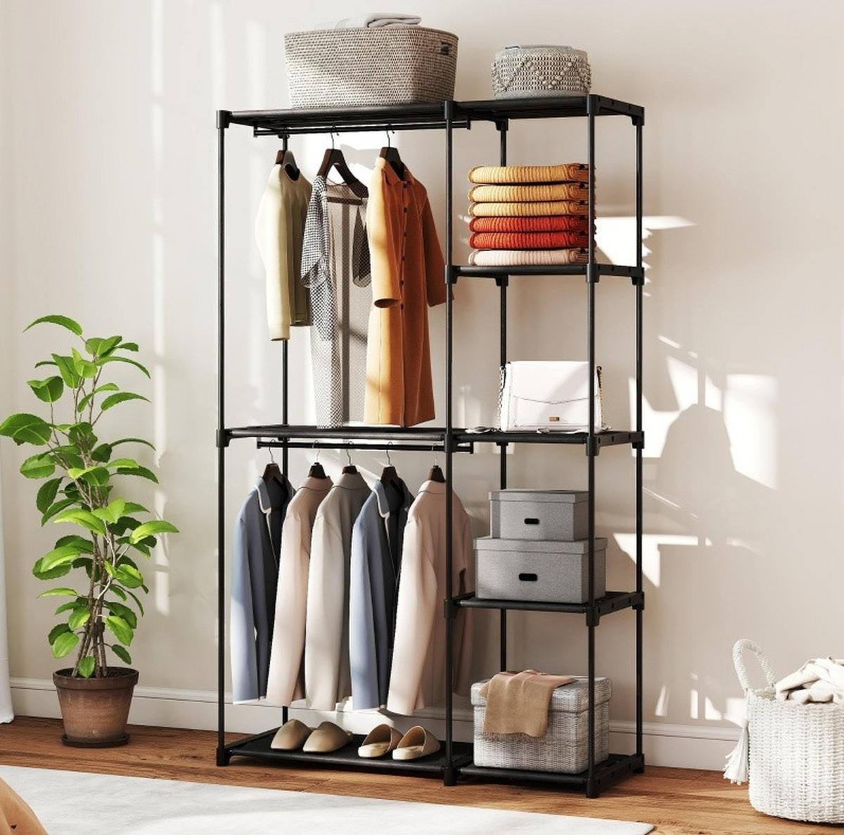 STOFFSCHRANK 111/43/185 cm schwarz aus Stahl mit Kleiderstangen - Schwarz, Holzwerkstoff (111/185/43cm) - OKWISH
