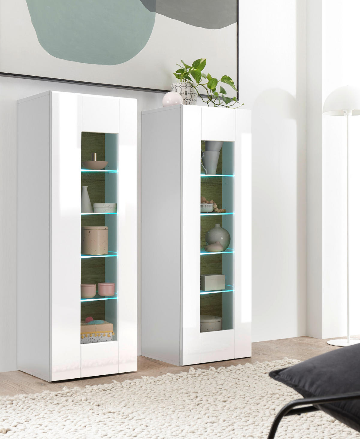 VITRINE weiß Hochglanz, Grandson Eiche, Vitrinenschrank hängend, stehend 45 x 131 cm - Weiß Hochglanz/Eichefarben, Holzwerkstoff (45/131/38cm) - Furn.Design