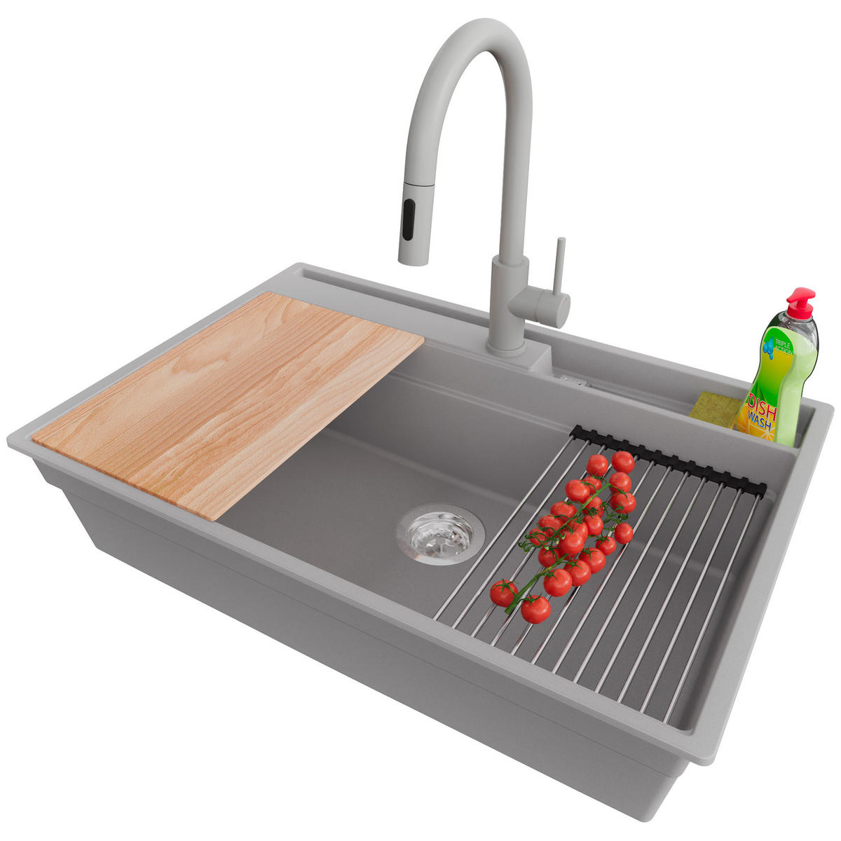 GRANITSPÜLE Oslo Pocket, 2-er set Grau 78/53 cm 1 Becken + Küchenarmatur 40/20 cm + Ablauf-Set + Küchenzubehörset ab 80er Unterschrank - Chromfarben/Beige, Kunststoff (78/20/53cm) - Primagran