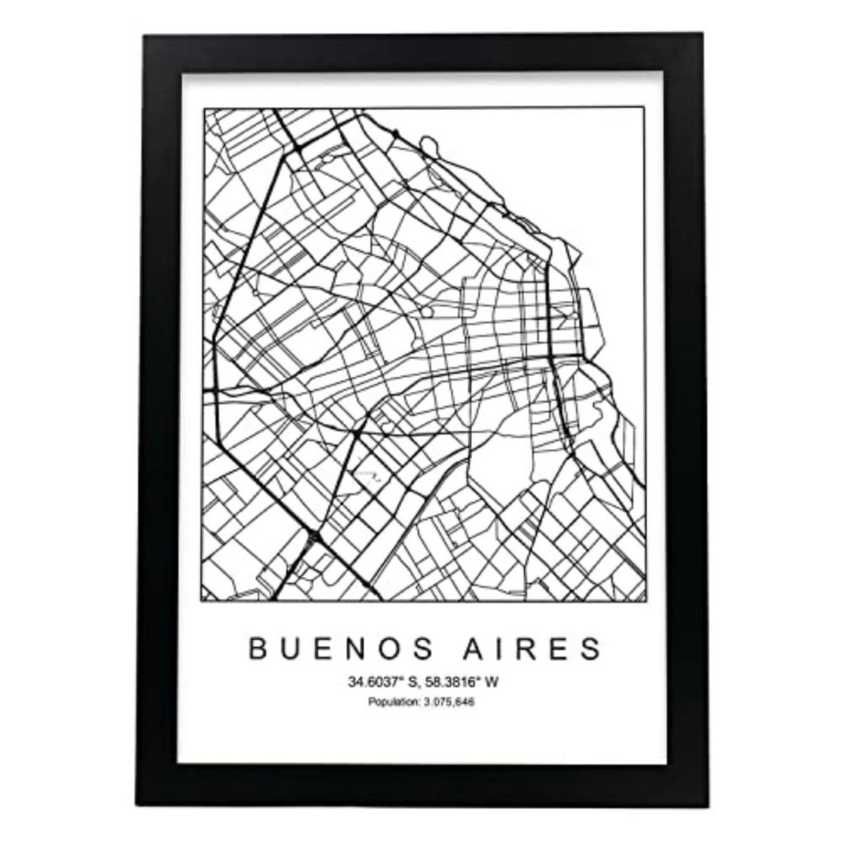 POSTER Buenos Aires Stadtkarte – Nordisch A3 Schwarzer Rahmen - Schwarz, Papier (29.7/5/42cm) - Nacnic