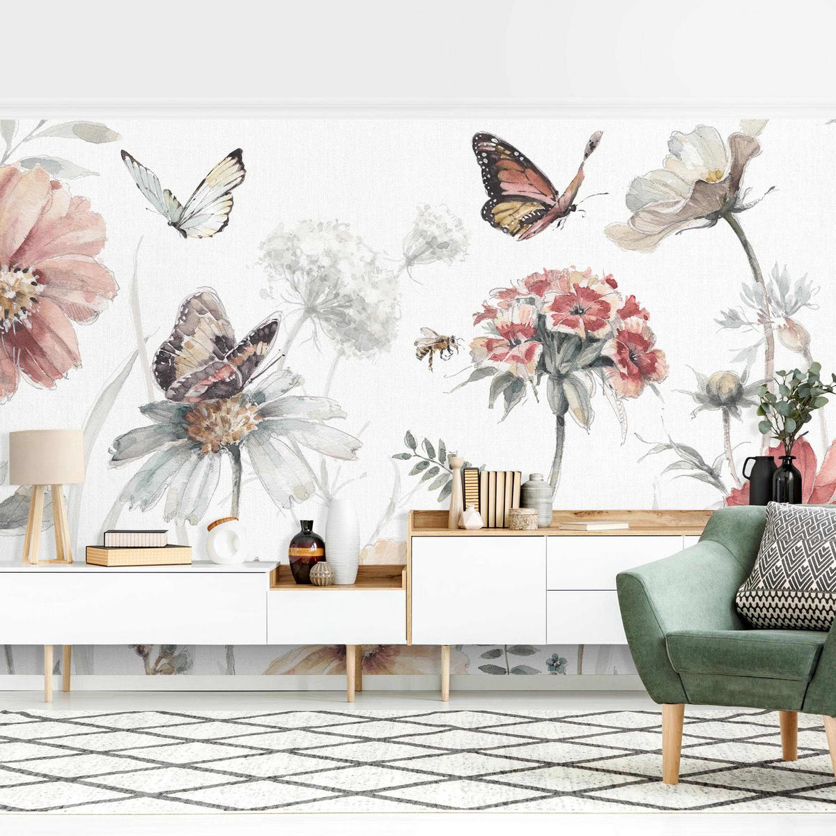FOTOTAPETE Aquarell Blumenwiese mit Schmetterlingen 432/290 cm - Rosa, Papier (432/290cm) - Bilderwelten