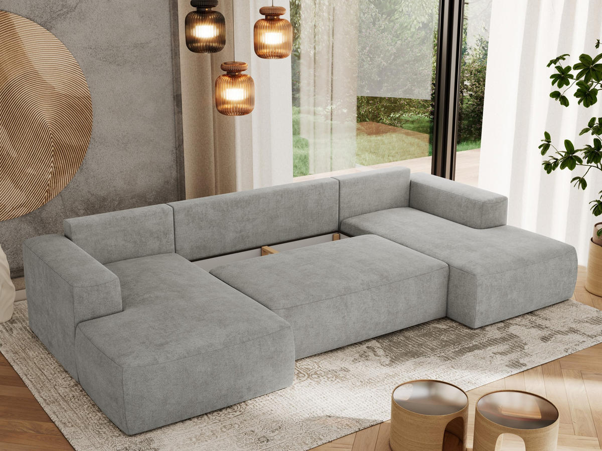WOHNLANDSCHAFT TRENTINO U Hellgrau Struktur - Hellgrau, Textil (334/91/163cm) - MKS