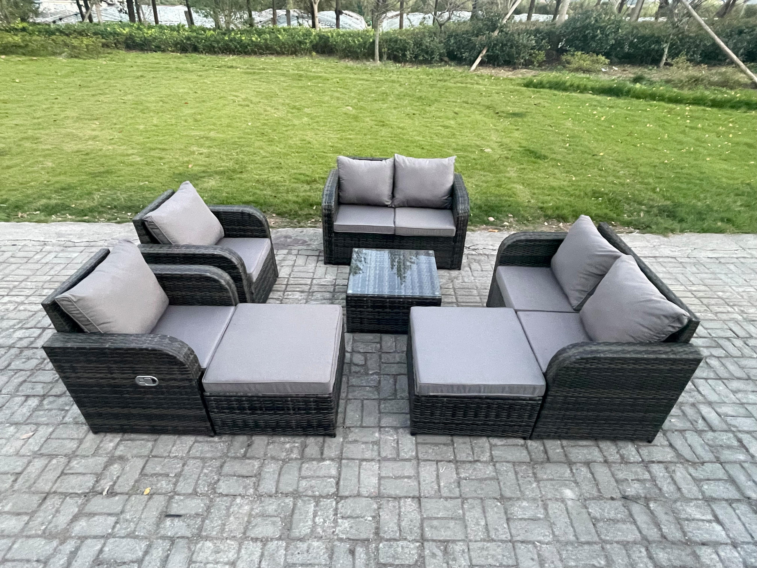 GARTENMÖBEL SET mit COUCHTISCH Polyrattan Dunkelgrau 8-Sitzer - Dunkelgrau/Grau, Glas/Kunststoff - Fimous