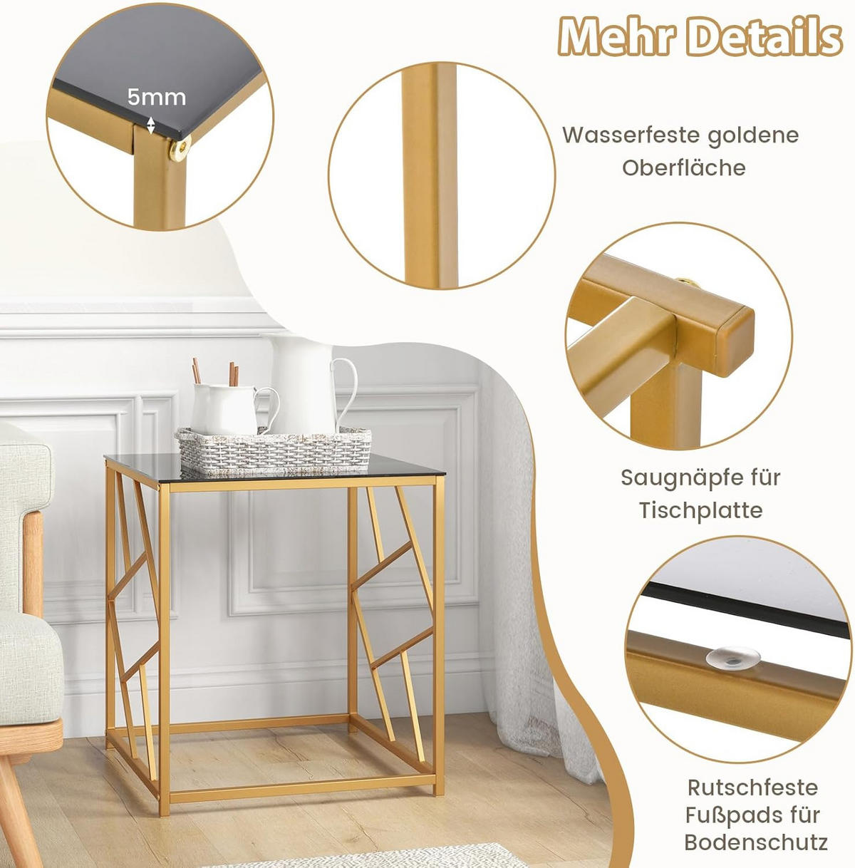BEISTELLTISCH 55cm Gold - Goldfarben, Glas (50/50/55cm) - COSTWAY