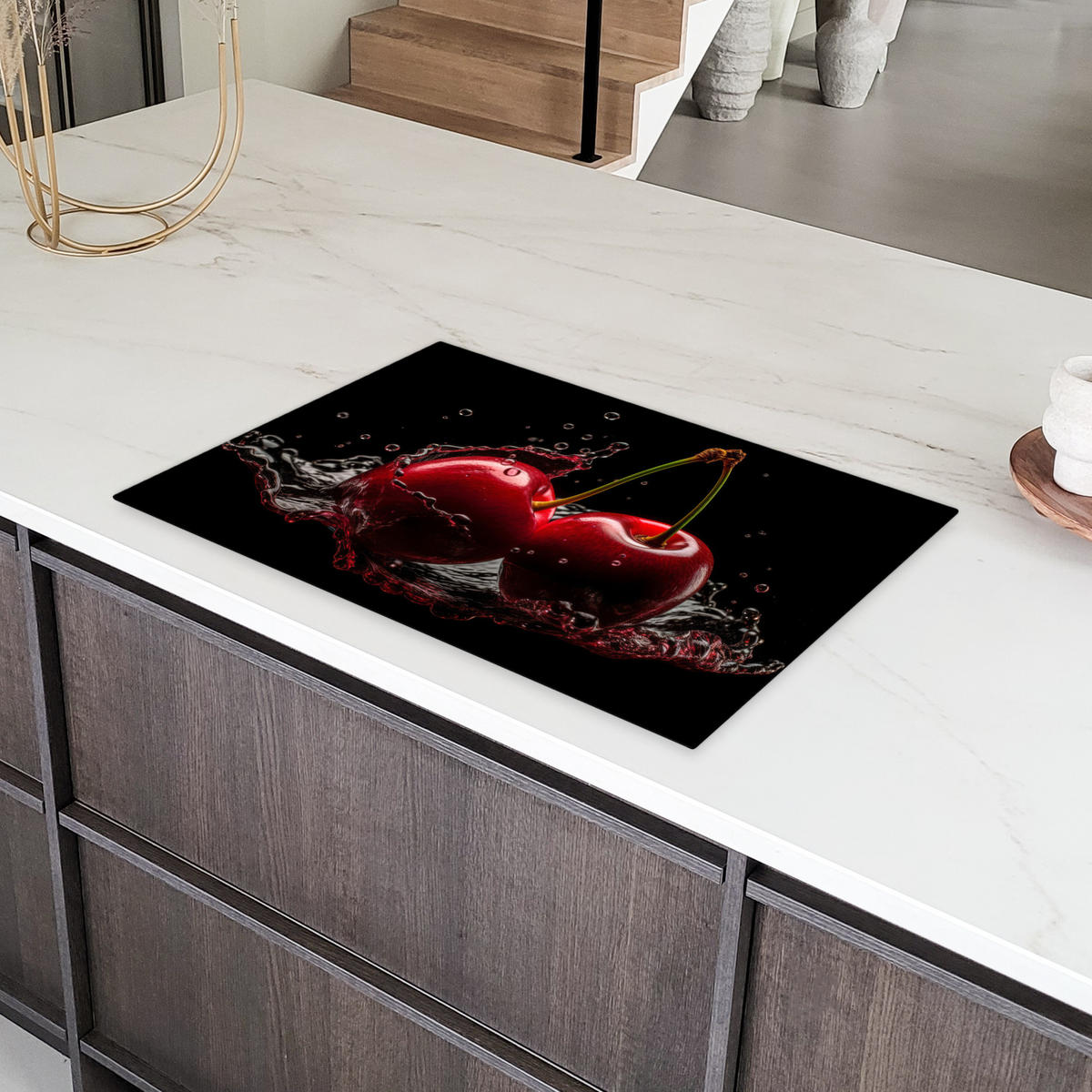 HERDABDECKPLATTE Kirsche - Rot - Frucht - Wasser - Schwarz 80x52 cm - Kirschrot, Kunststoff (80/52/0.2cm) - MuchoWow