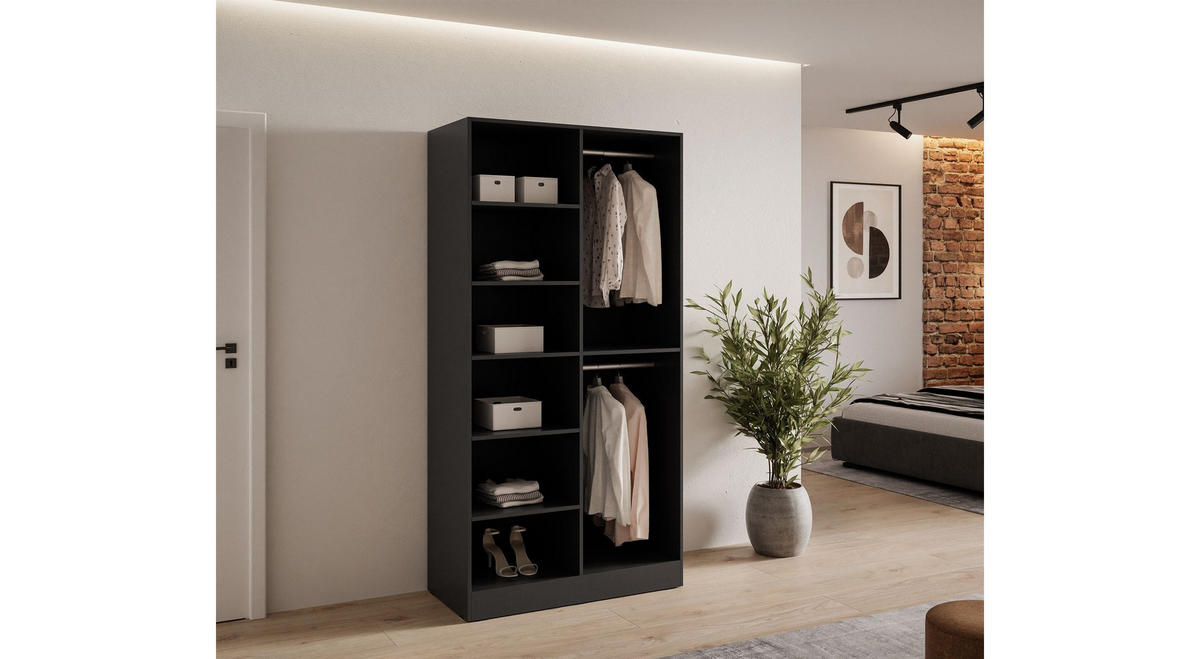 KLEIDERSCHRANK SANDBOX LOFT 100 101/49/200 cm Schwarzgraphit / Schwarzgraphit + Eiche Wotan mit LED ohne Zusatzböden - Schwarz, Holzwerkstoff/Kunststoff (101/200/49cm) - Lookway