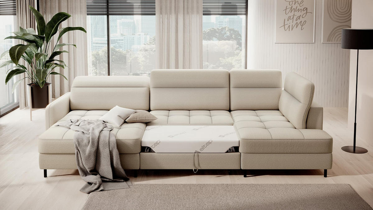 WOHNLANDSCHAFT mit Schlaffunktion und Bettkasten, verstellbare Kopflehnen - Beige/Schwarz, Textil/Metall (306/100/165cm) - Eltap