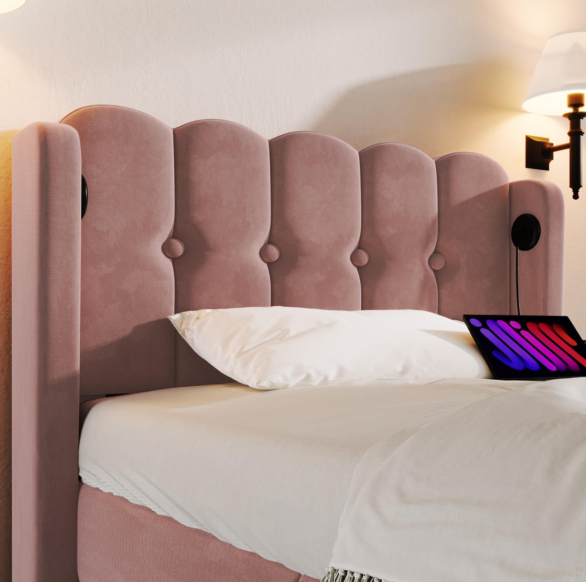 BETT mit USB- und Typ-C-Ladefunktion 90x200 cm Samt Rosa - Pink, Metall (90/200cm) - Meubliv