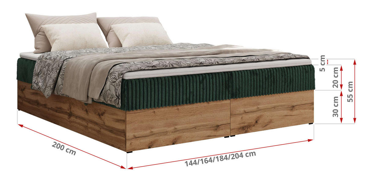 BOXBETT WOOD ZERO 180/200 - Dunkelgrün Cord - H3 - Topper Visco - Dunkelgrün, Textil (180/200cm) - MKS