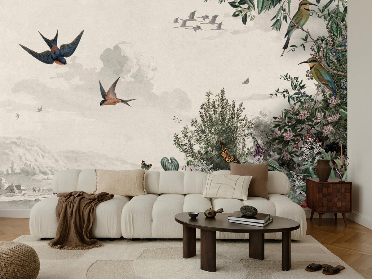 FOTOTAPETE für Wohnzimmer Retro Tropenlandschaft Vögel Büsche 400x280 - Beige/Rot, Papier (400/280cm) - Muralo