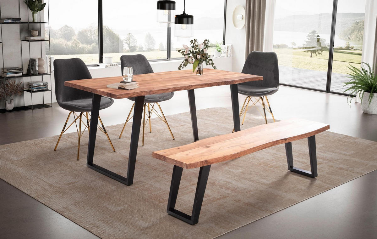 ESSTISCH Massivholz Baumkante Metall U-Gestell Handgefertigt ATOLL, Goldbraun-Schwarz 160x80x76 cm - Schwarz/Braun, Holz/Metall (80/160/76cm) - KADIMA DESIGN