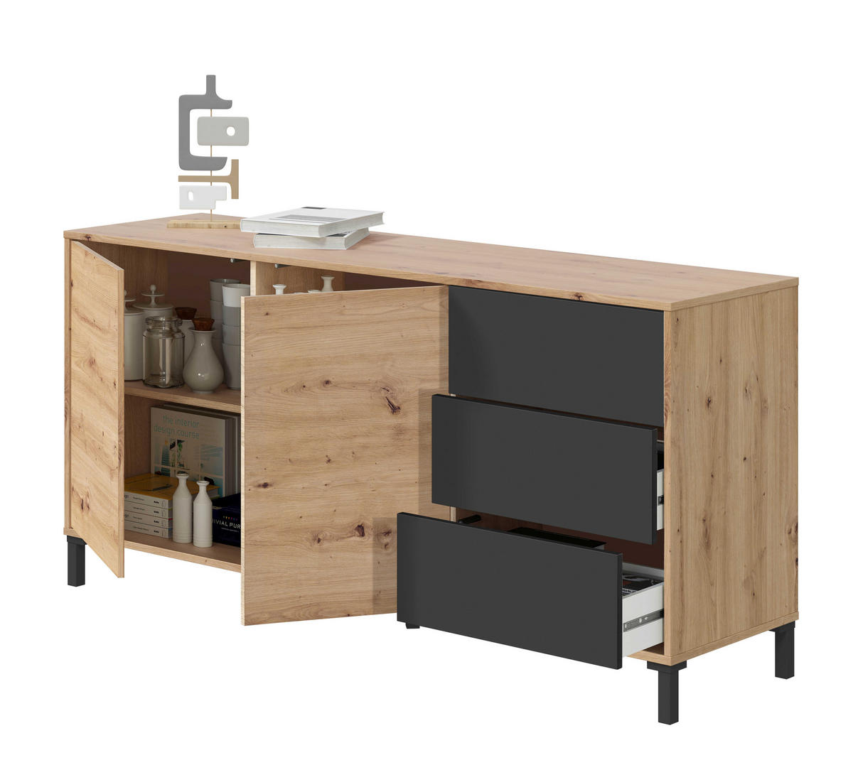 SIDEBOARD mit 2 Türen und 3 Schubladen Brooklyn - L154cm - Eiche Artisan/Grau, Holzwerkstoff (41/74/154cm) - Calicosy
